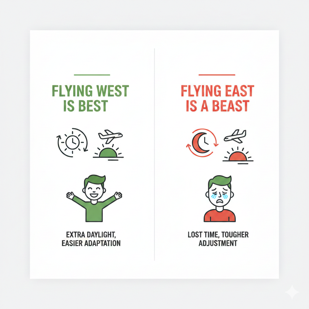 Инфографика: разница между перелетом на запад и восток при джетлаге